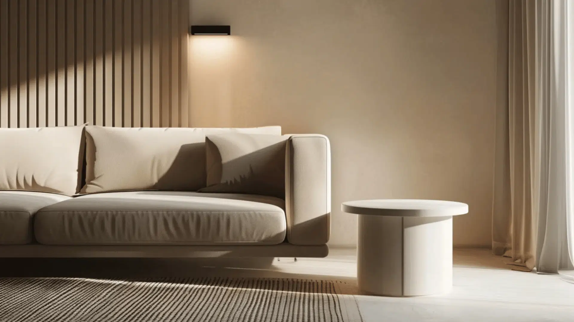 small round side table beside sofa in modern living room, empty surface, wide view, warm lighting, minimal setup