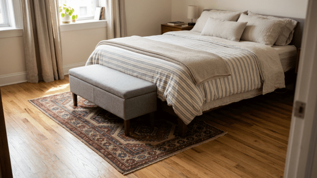 small rug placed at the foot of a king bed adding warmth and texture.