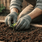 small seedlings growing while gardener checks plants with green gloves