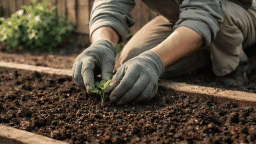 small seedlings growing while gardener checks plants with green gloves