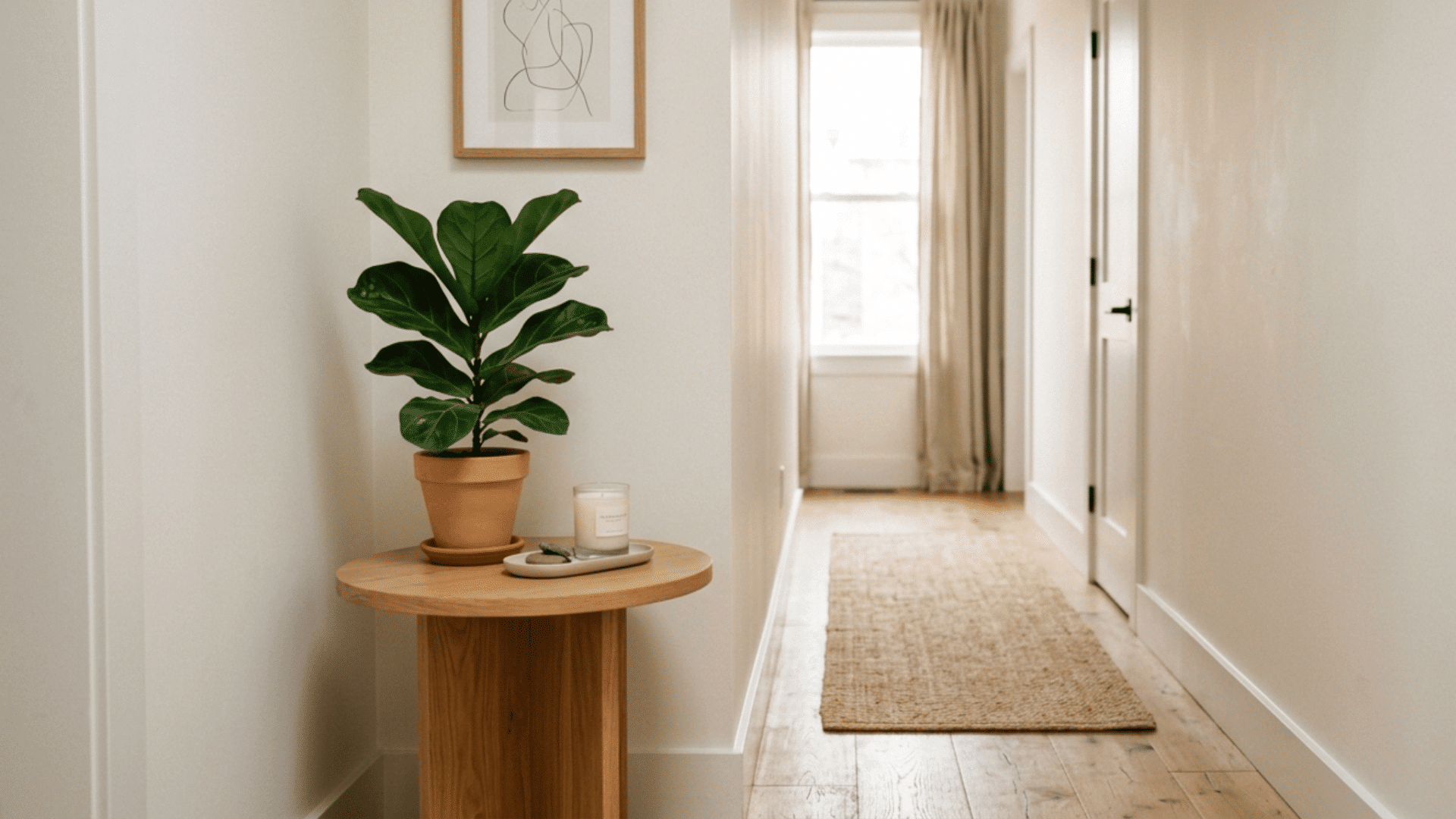 Small side table in narrow hallway with plant and decor for a minimal look