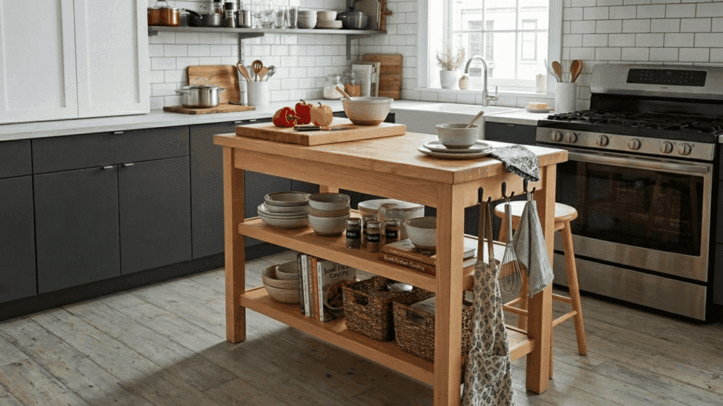 small space kitchen island with compact design, open shelves, and prep surface.