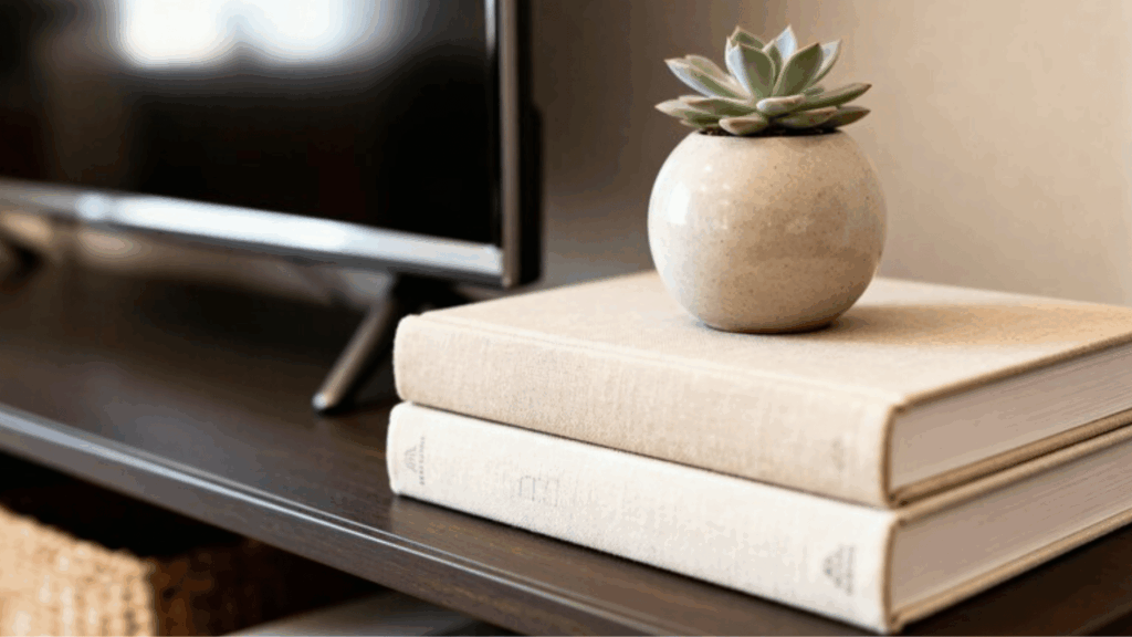 small succulent plant on stacked books beside a TV stand, showcasing minimal and modern home decor styling