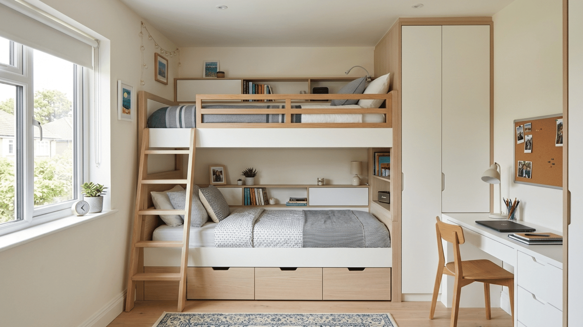 small teen bedroom with bunk bed and built in storage for space saving layout