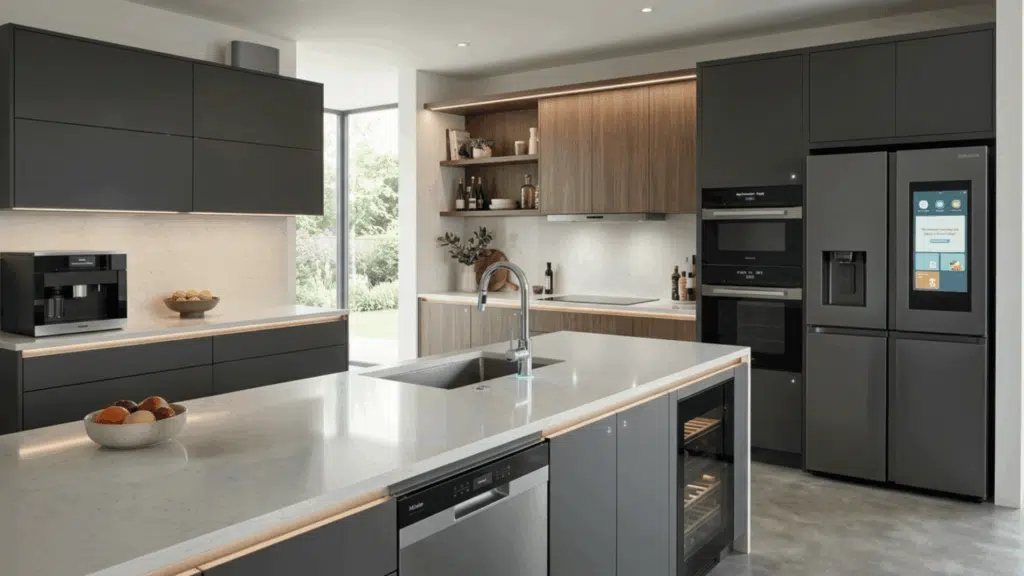 smart modular kitchen with tech integration featuring touch cabinets sensor faucets and app-controlled appliances