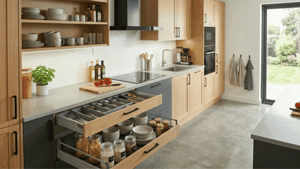 smart pull-out storage units in a modular kitchen giving easy access to pots pans and daily essentials
