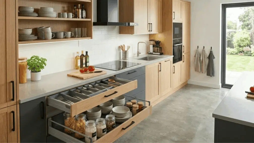 smart pull-out storage units in a modular kitchen giving easy access to pots pans and daily essentials