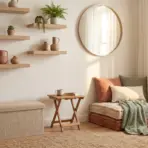 Cozy reading nook with cushions and blankets beside wooden shelves and round mirror in bright room