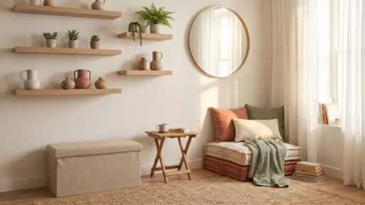 Cozy reading nook with cushions and blankets beside wooden shelves and round mirror in bright room