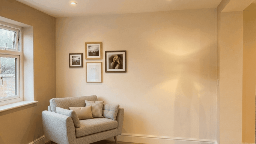 smooth fully plastered wall in a finished home interior with framed pictures and grey sofa showing a clean ready surface