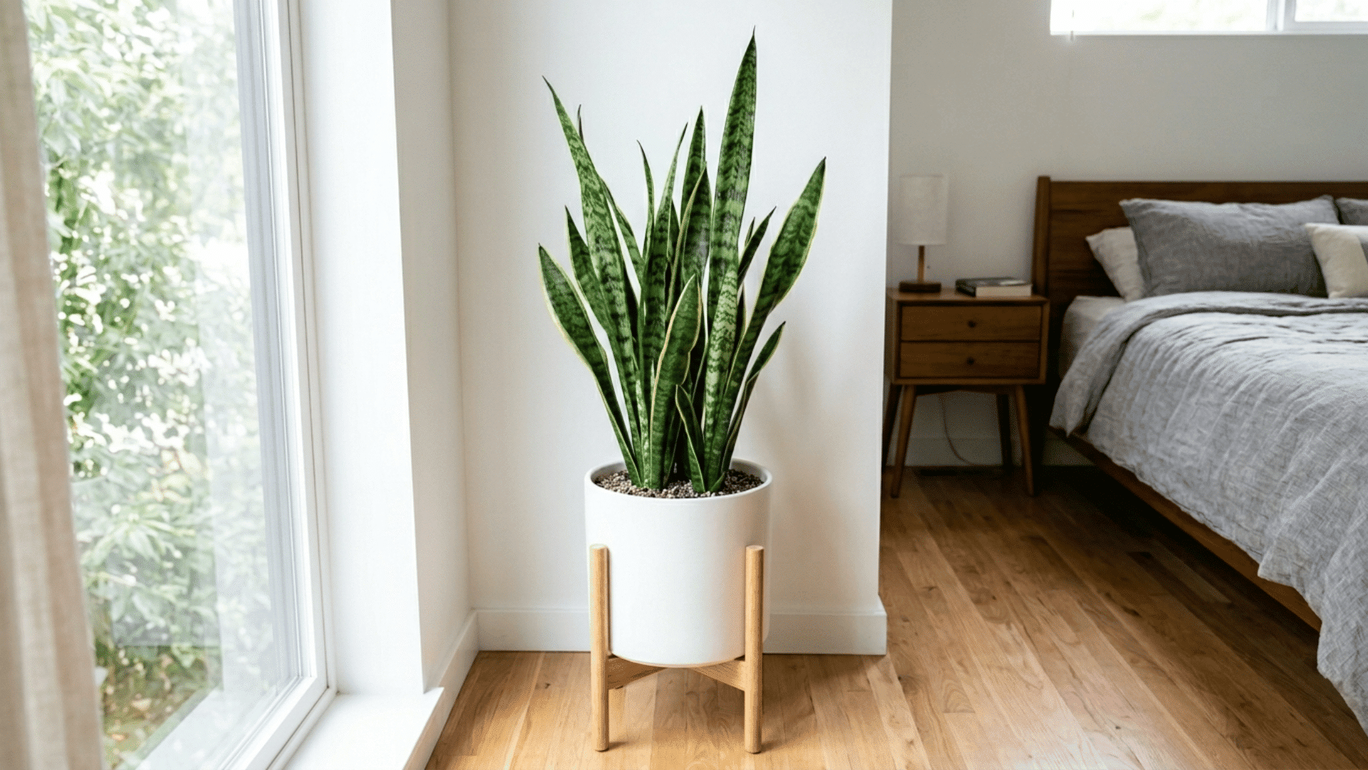 snake plant in a modern white planter placed on the floor in a bright bedroom corner with minimal decor and natural light