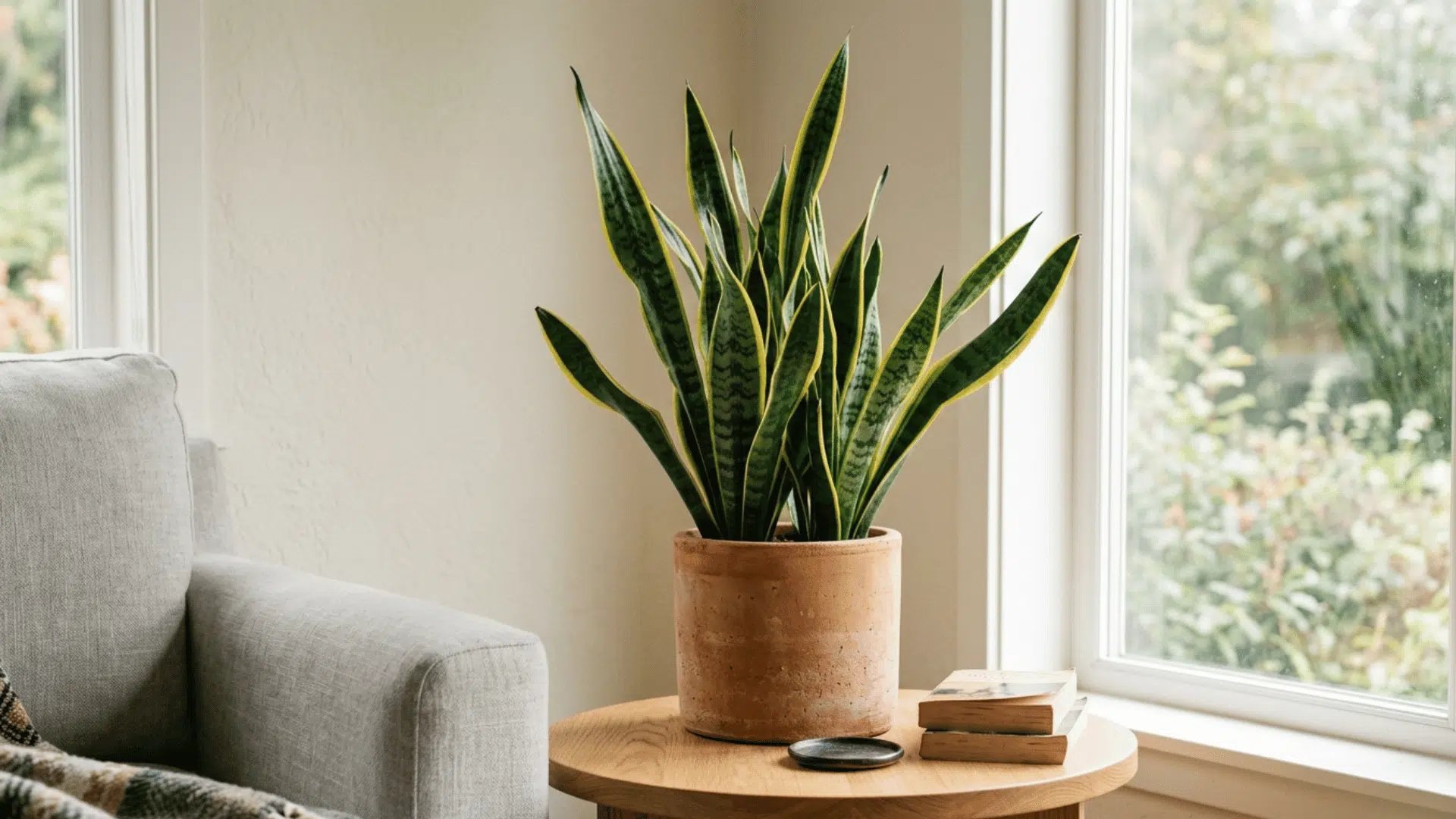 snake plant in a pot with tall upright green leaves placed beside a window indoors.