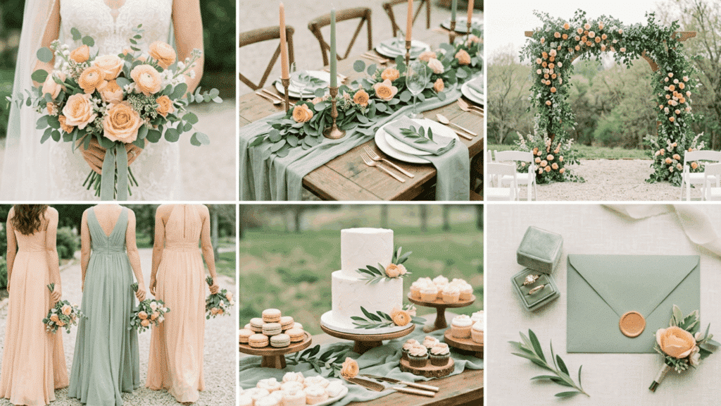 soft apricot and sage wedding color scheme collage with light florals greenery and decor