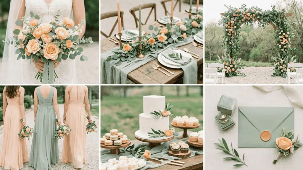 soft apricot and sage wedding color scheme collage with light florals greenery and decor