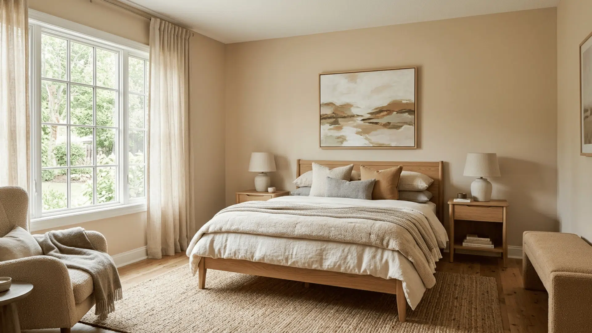 soft beige bedroom with warm tones, cozy decor, and spacious natural light feel.