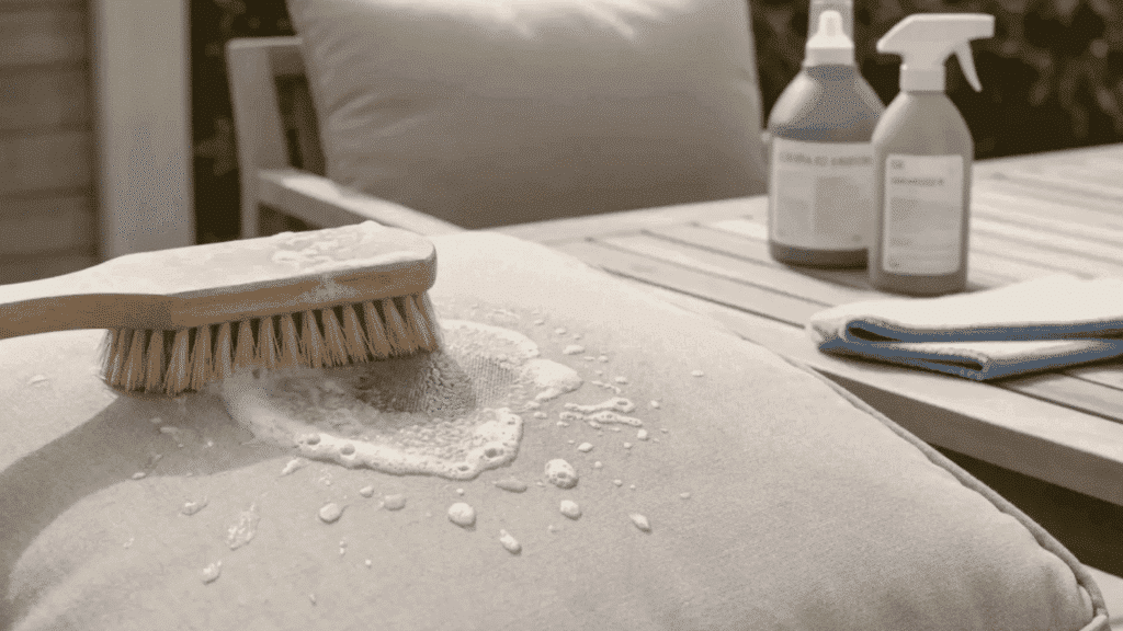soft brush scrubbing soapy foam on outdoor cushion surface for cleaning.