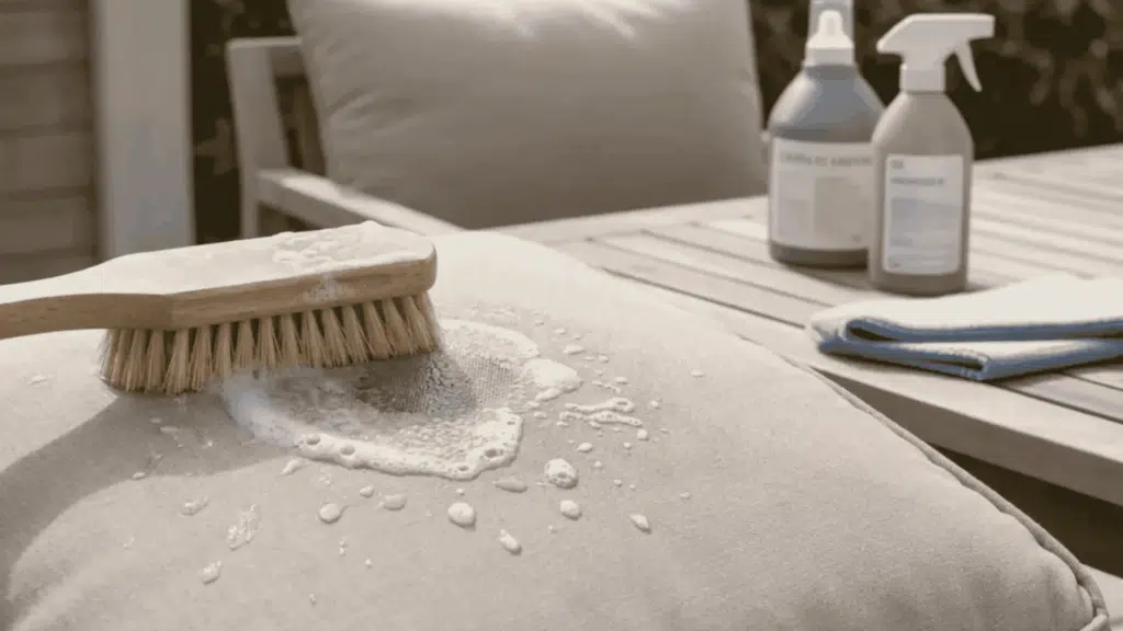 soft brush scrubbing soapy foam on outdoor cushion surface for cleaning.