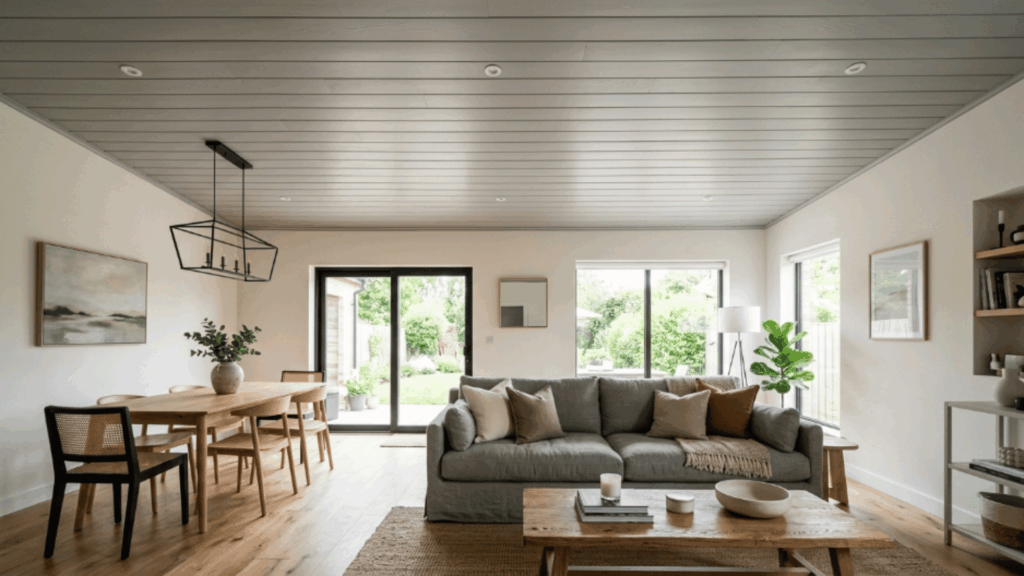 soft gray shiplap introduces gentle color to the ceiling, creating a calm modern look without making the space feel heavy