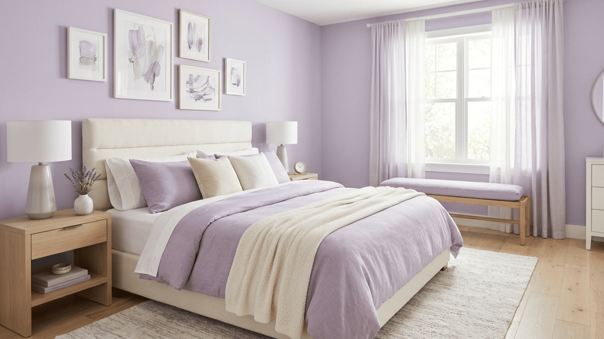 soft lavender bedroom with cozy bedding, natural light, and calm spacious look.