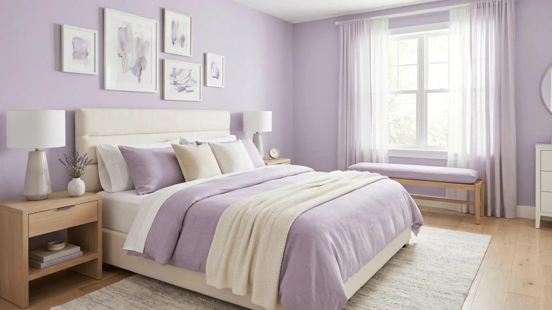 soft lavender bedroom with cozy bedding, natural light, and calm spacious look.