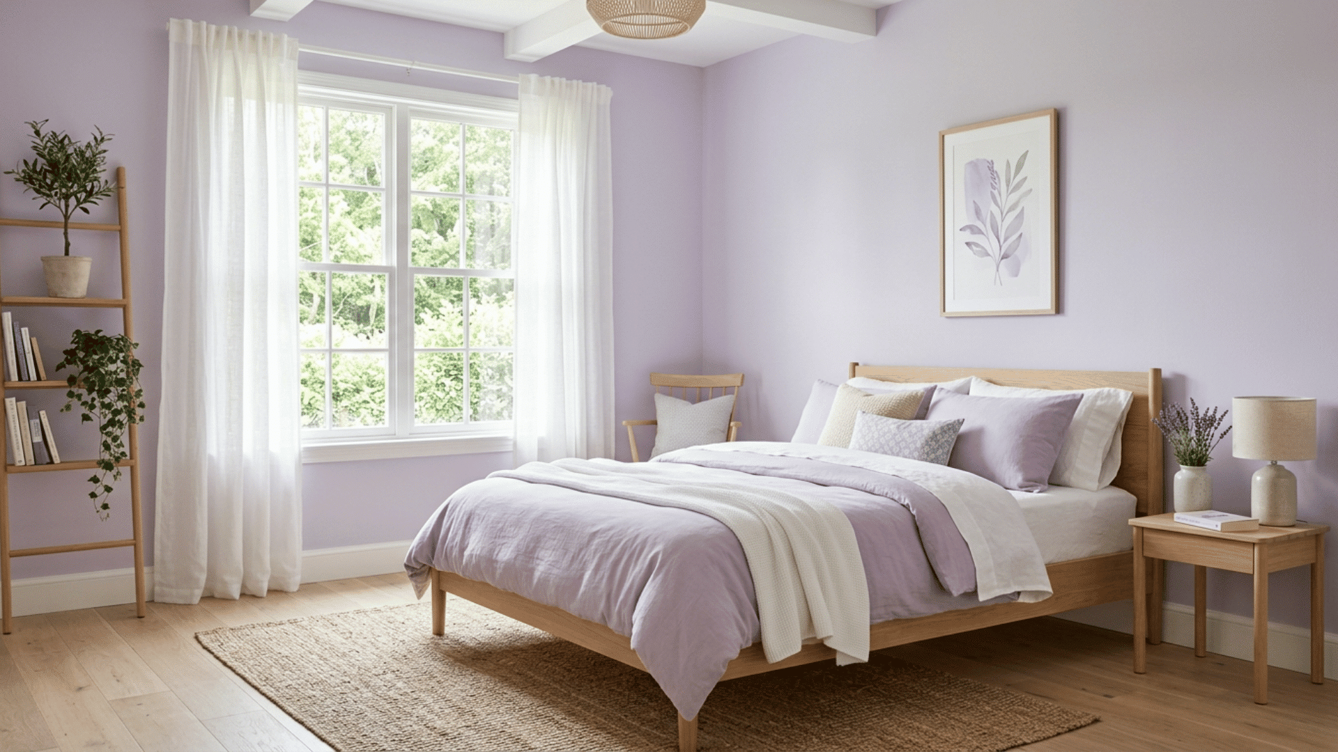 soft lavender bedroom with minimal decor, light wood furniture, and gentle daylight creating a peaceful airy environment