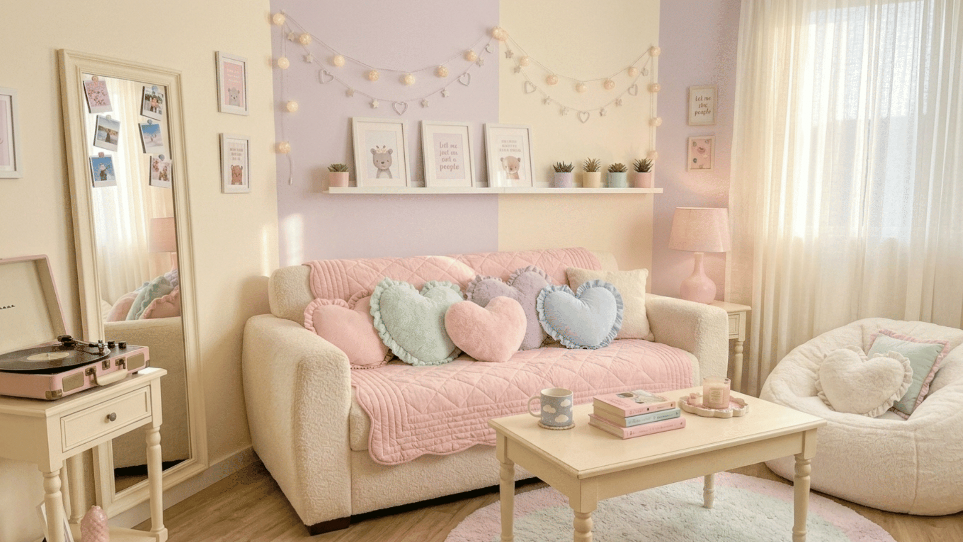 soft pastel living room with pink tones, heart pillows, fairy lights, and cozy decor.
