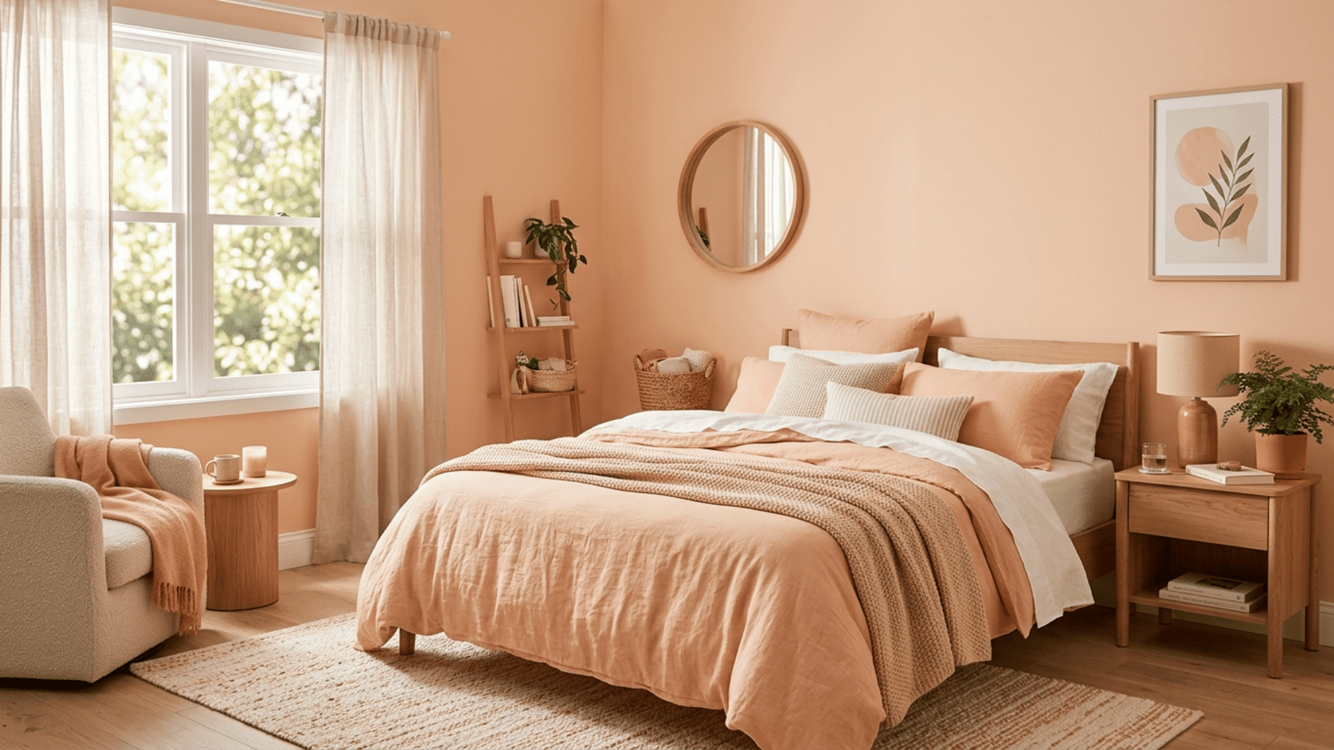 soft peach bedroom with light wood furniture, cozy bedding, plants, and warm daylight creating a gentle inviting feel