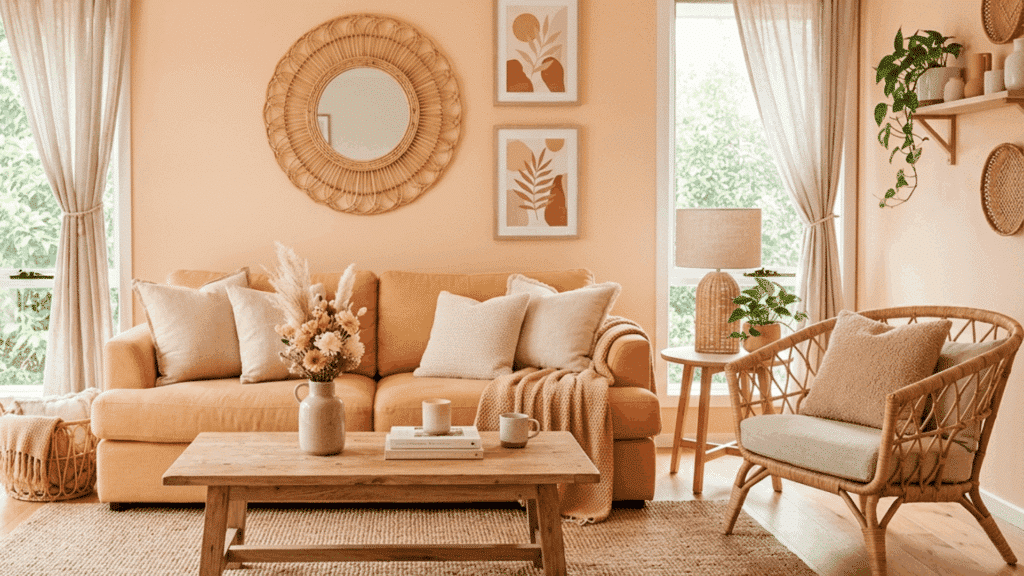 soft peach living room with apricot sofa, blush pillows, and rattan decor