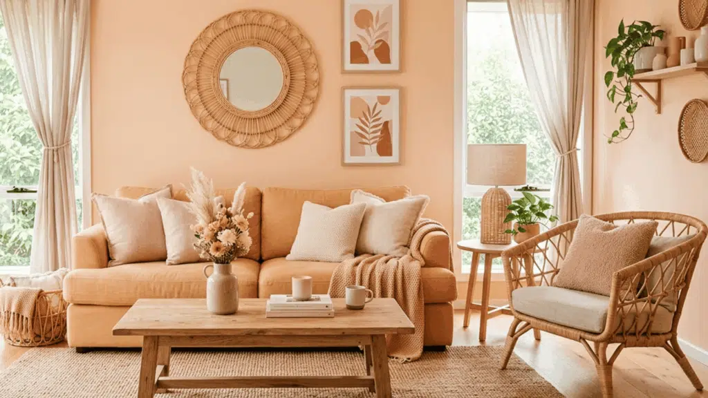 soft peach living room with apricot sofa, blush pillows, and rattan decor