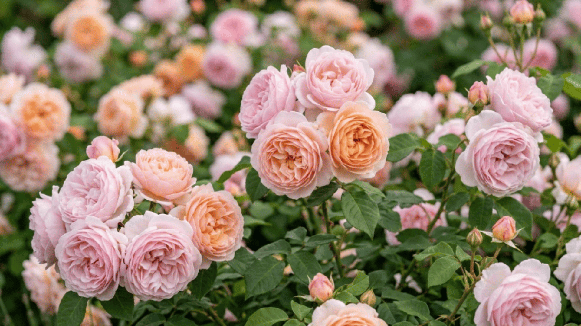 soft pink and peach roses in full bloom clustered on green stems, creating a lush, romantic garden scene with blurred floral background.