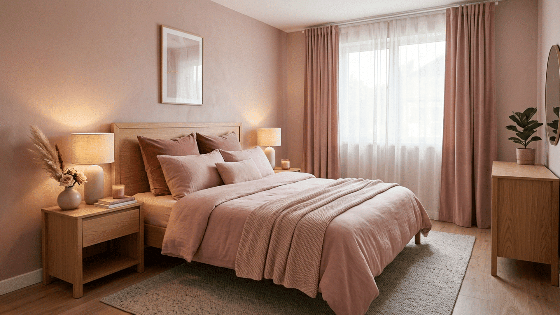soft pink bedroom with minimal decor, wooden furniture, cozy bedding, and diffused daylight filtering through sheer curtains