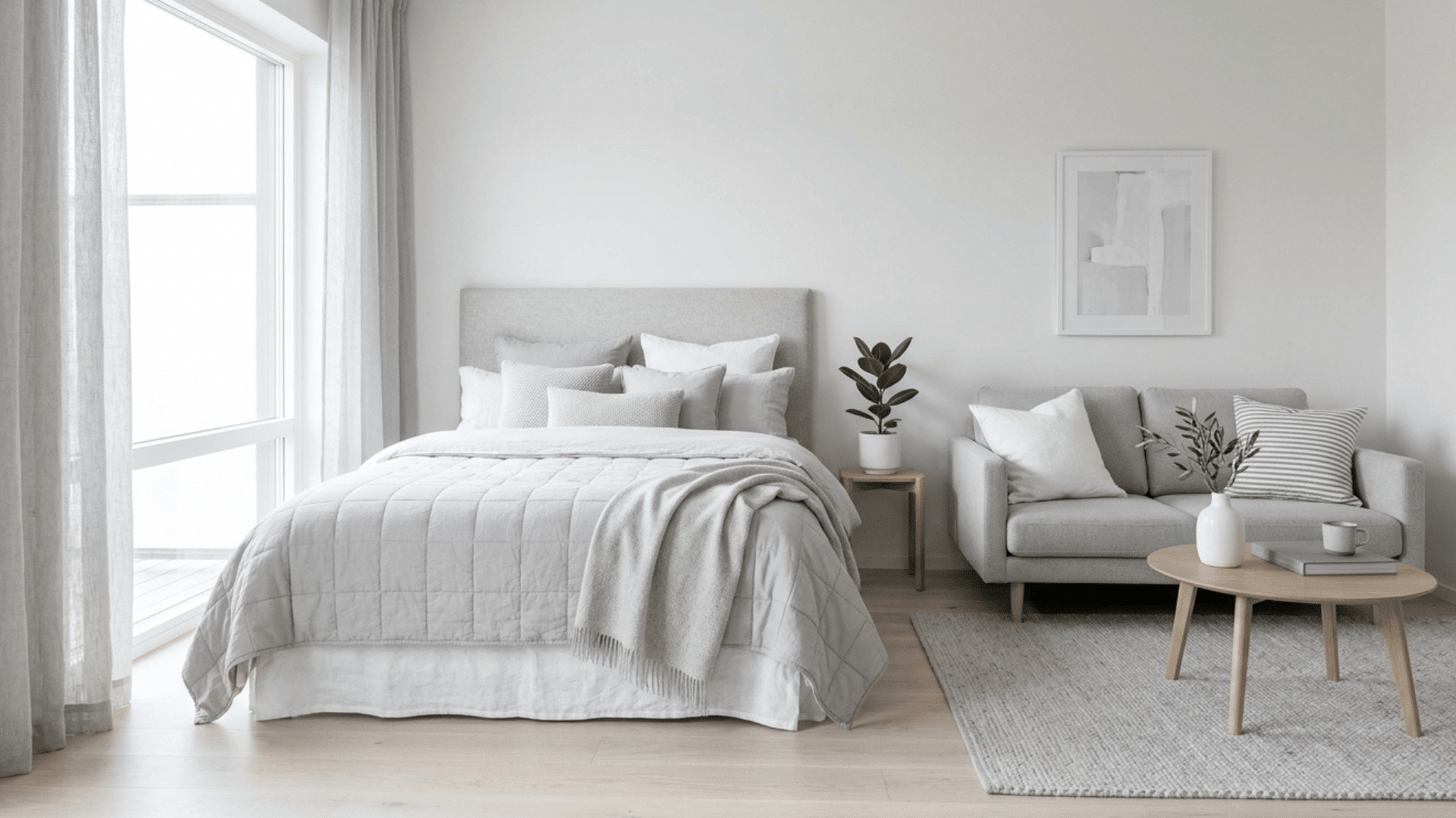 soft white and light gray bedroom with minimal decor and natural light.