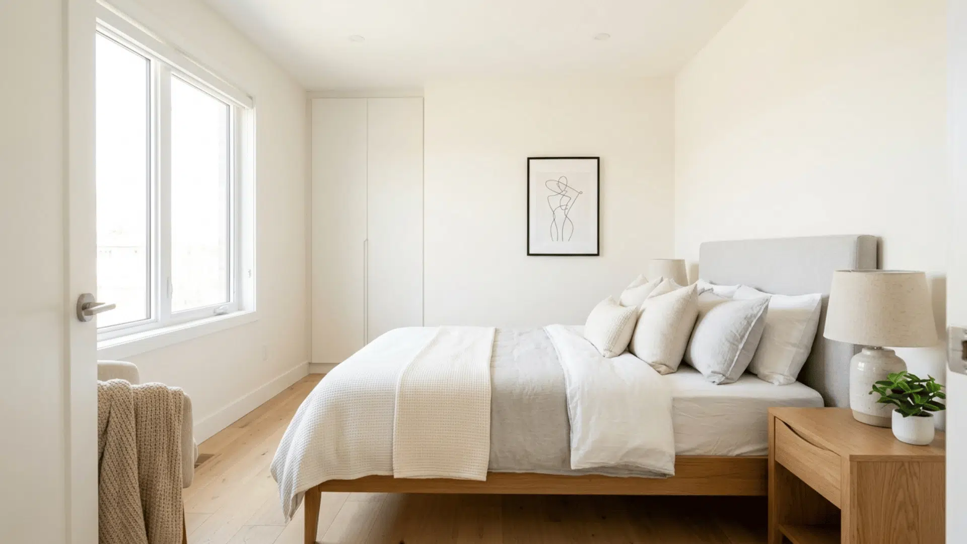 soft white bedroom with natural light, minimal decor, and airy spacious feel.