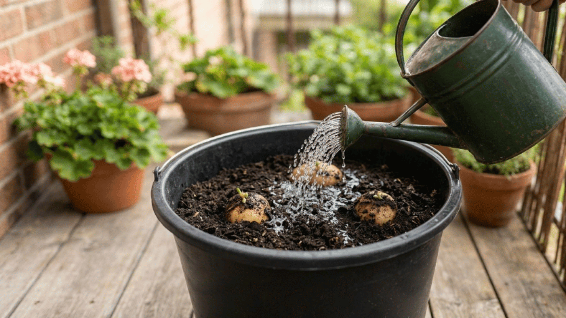 soil covering potatoes while watering can pours water into moist soil