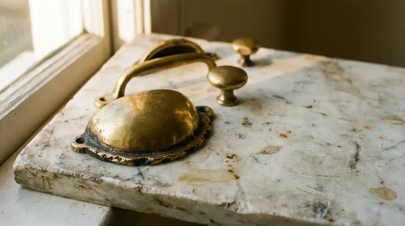 Antique brass door handle on a weathered marble surface in warm light