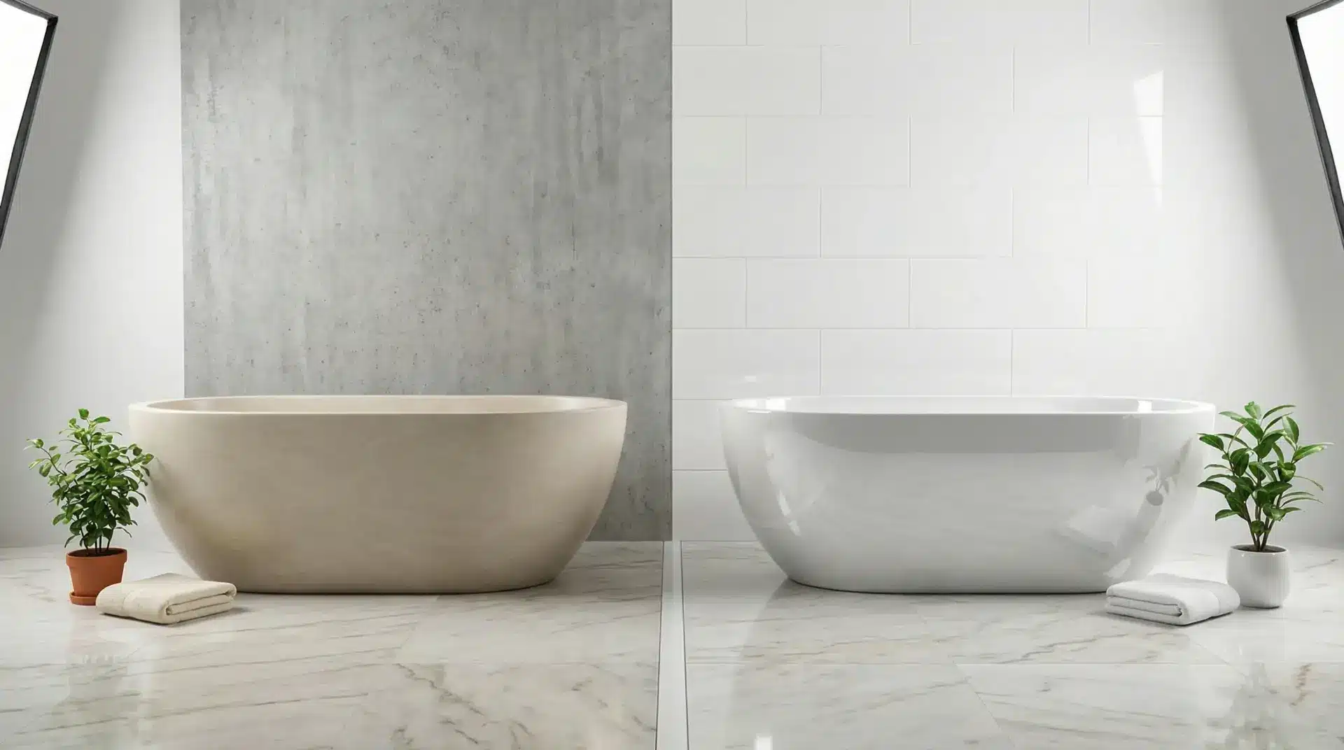 Two modern freestanding bathtubs with potted plants on a marble floor in a bright bathroom