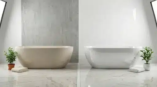 Two modern freestanding bathtubs with potted plants on a marble floor in a bright bathroom