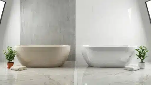Two modern freestanding bathtubs with potted plants on a marble floor in a bright bathroom