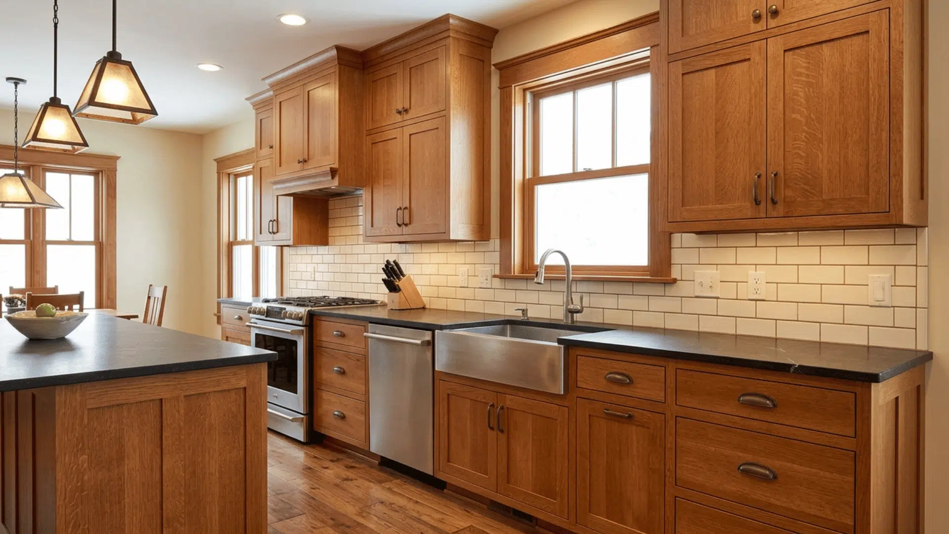 solid wood cabinets in Craftsman kitchen with simple hardware and natural finish.