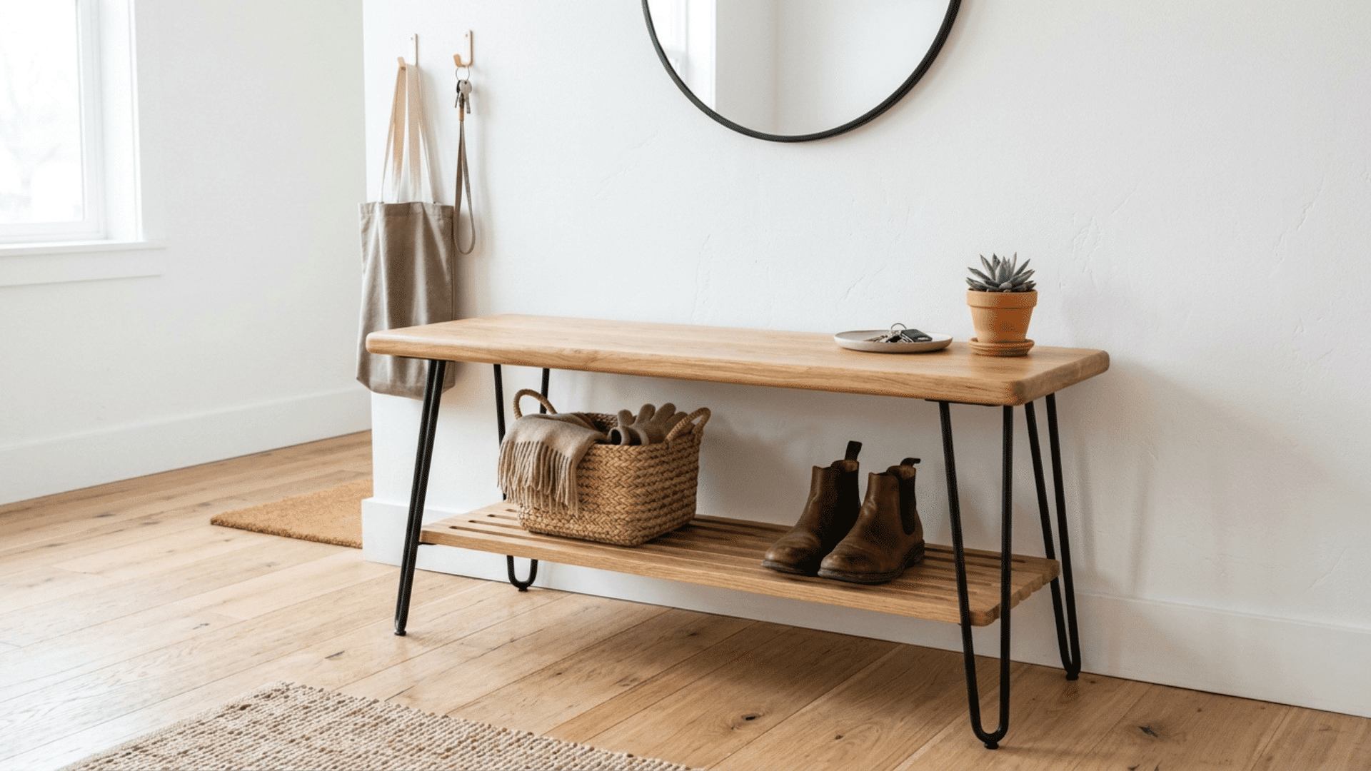 solid wood entryway bench with slim black metal hairpin legs and low open shelf holding a basket and shoes on light hardwood floor