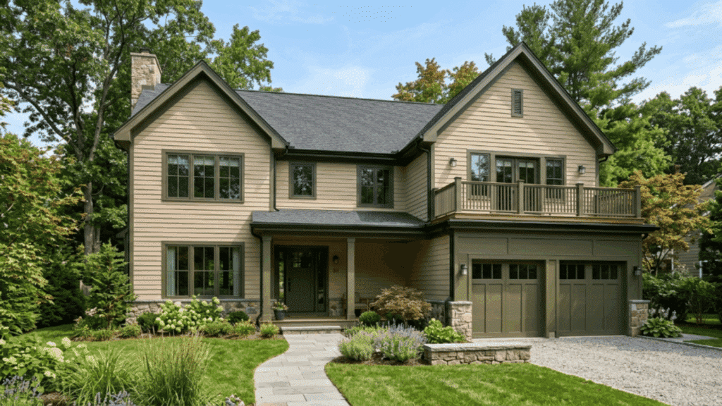 southwestern house with sandy tan walls olive trim desert plants clay roof bright sunlight exterior