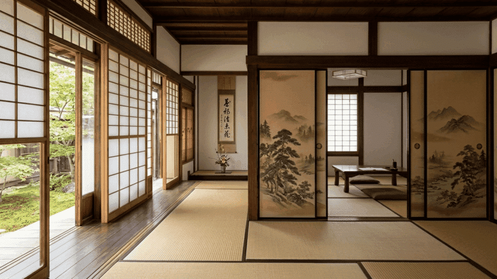 spacious Japanese interior with tatami flooring, sliding panels, and wooden beam structure.
