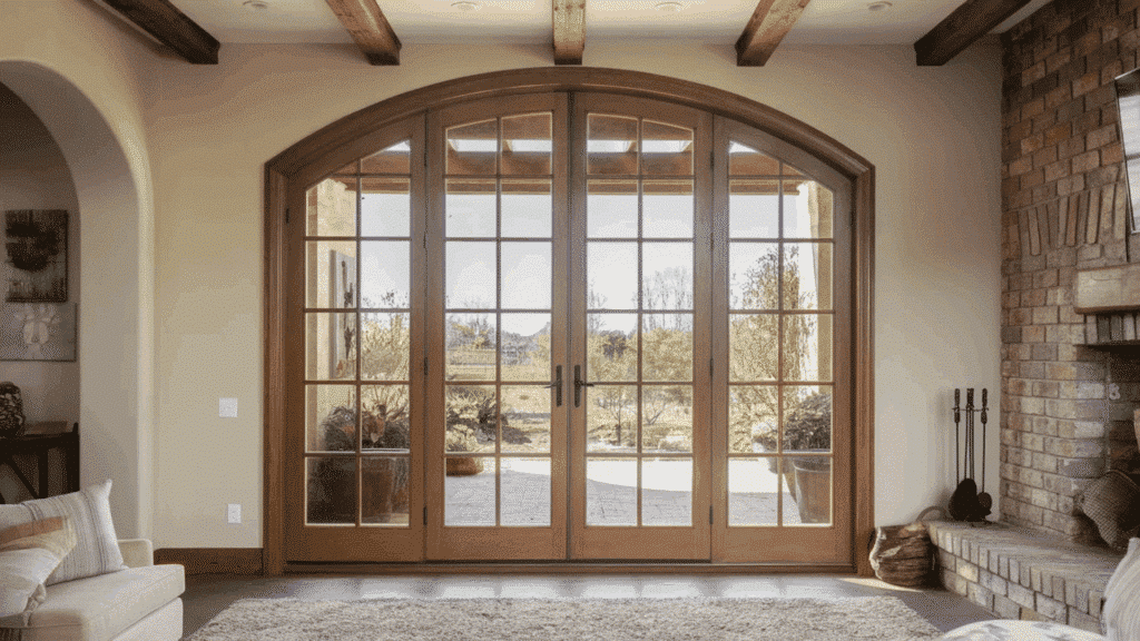 spacious living room featuring double wooden French doors with glass panels, providing a clear view of a sunny outdoor garden.