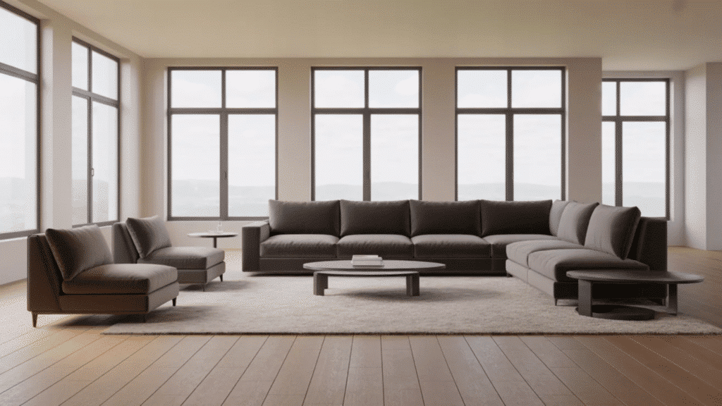 spacious living room with large sectional and coffee table