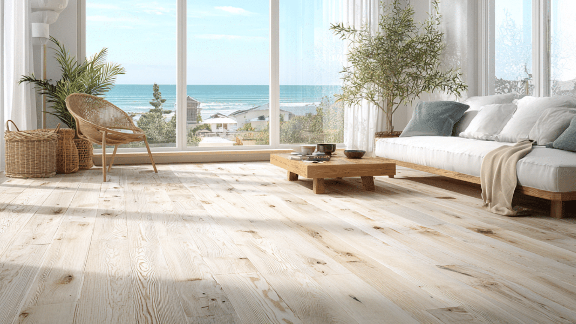 spacious living room with large windows ocean view wooden floor sofa plants and minimal decor in bright airy coastal style