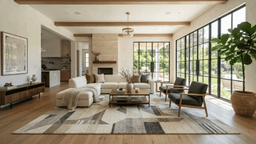 spacious modern living room with a large patterned rug, natural light, and clean layout showing style and custom fit of ernesta rugs
