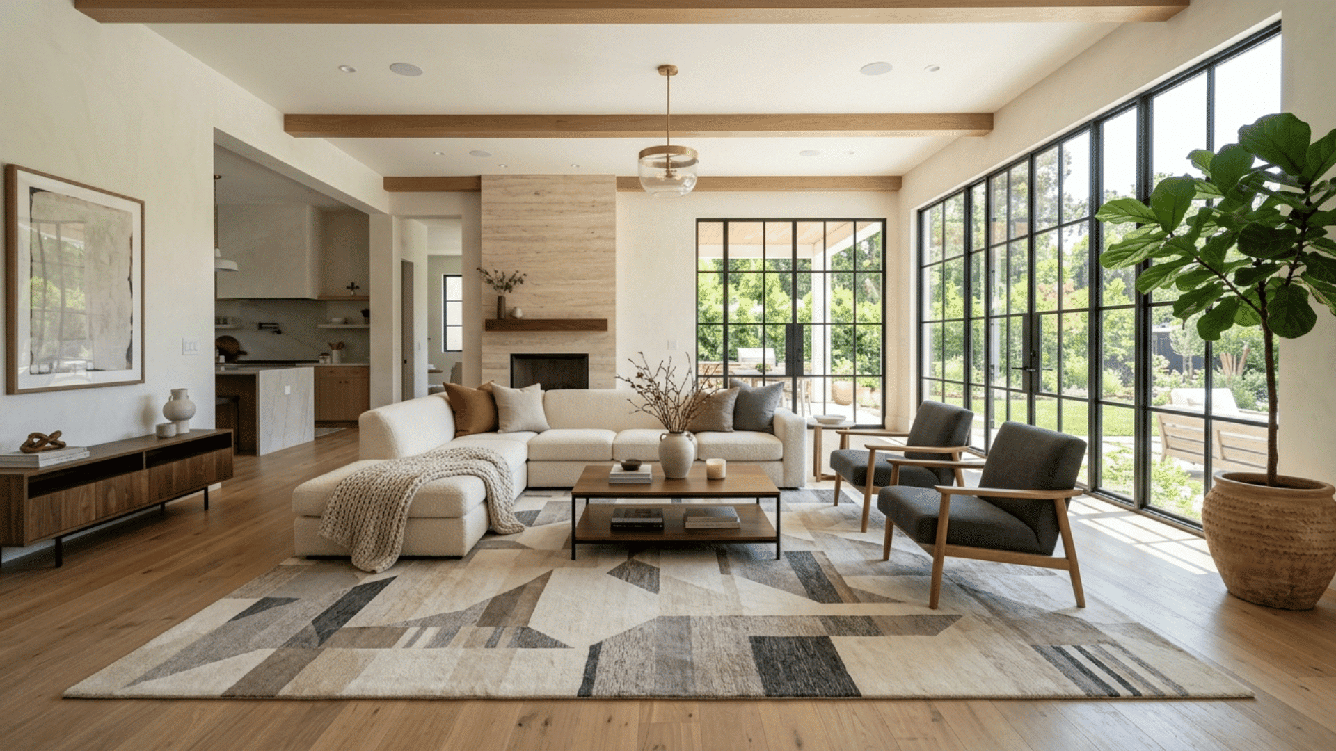 spacious modern living room with a large patterned rug, natural light, and clean layout showing style and custom fit of ernesta rugs