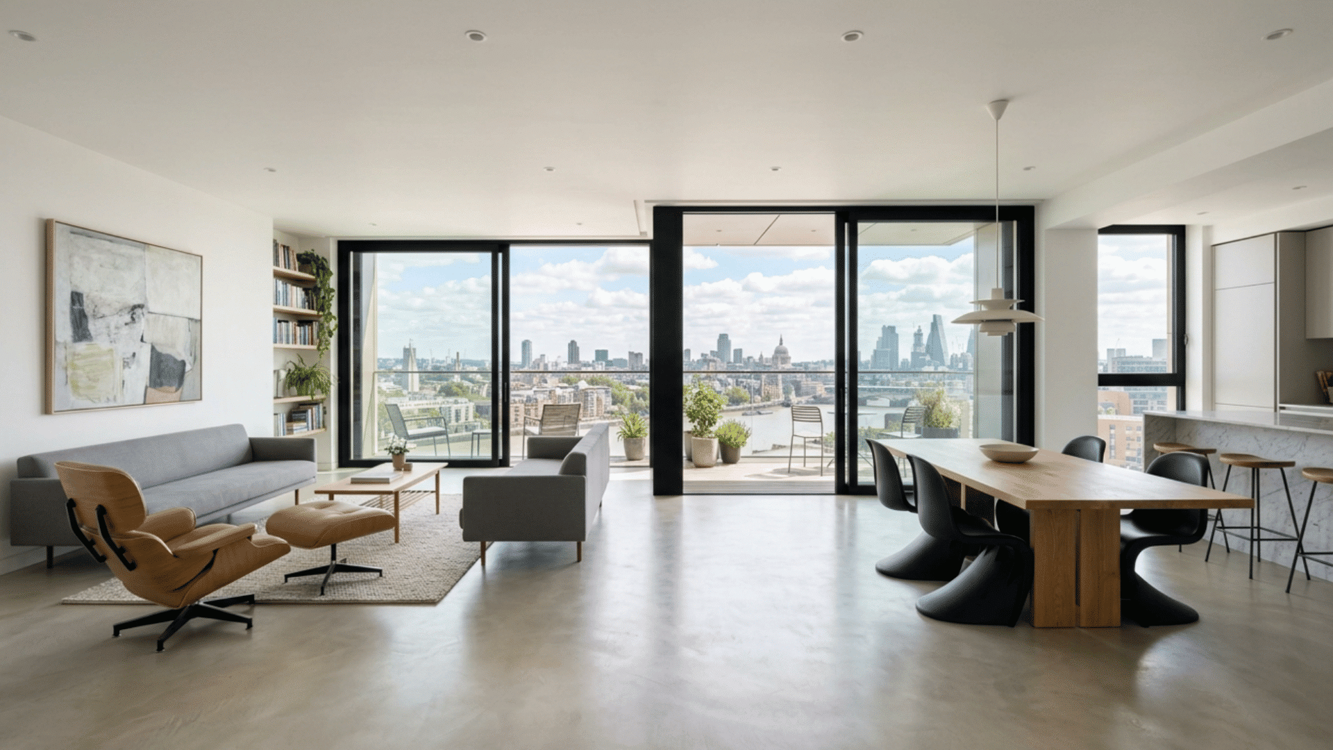 spacious single-level penthouse with open layout, large windows, and bright natural light in a modern setup