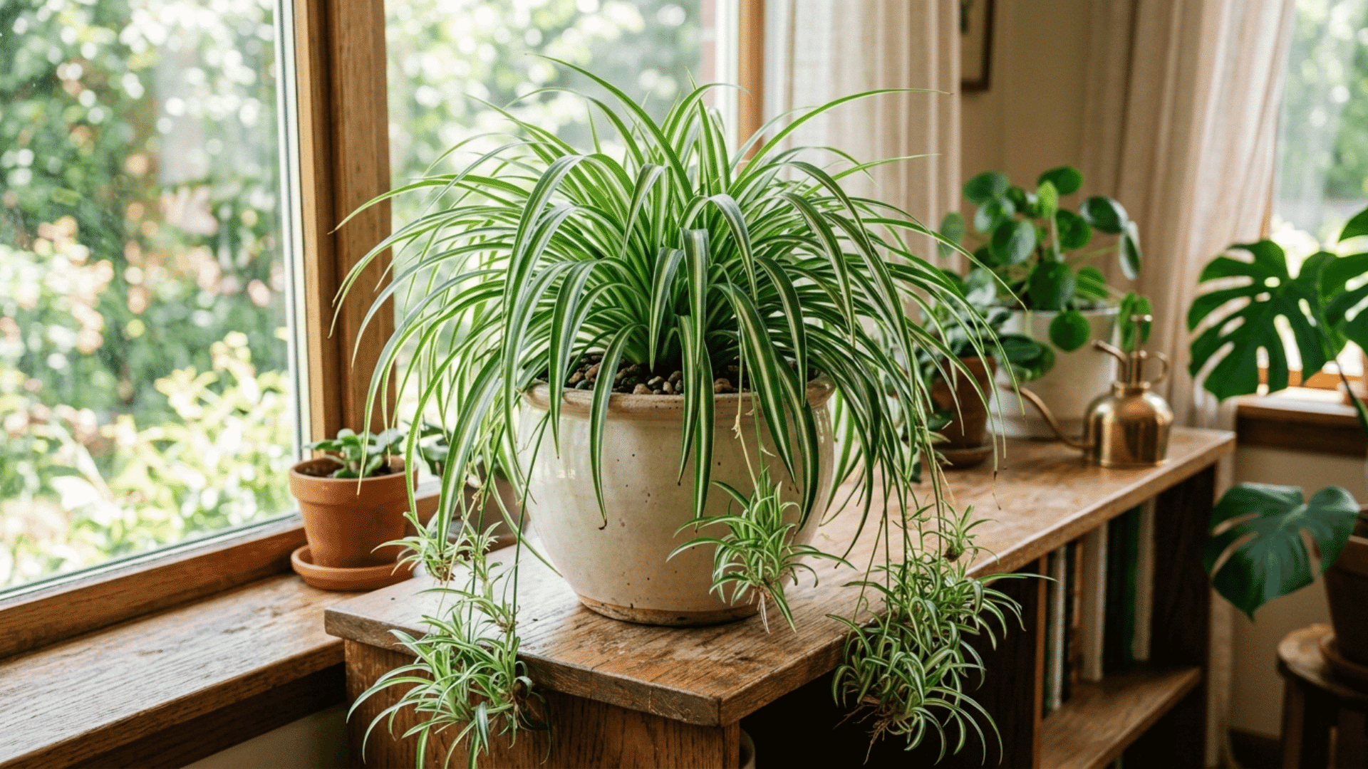 spider plant in a ceramic pot on a wooden shelf near a window with long green leaves spreading in a bright indoor space