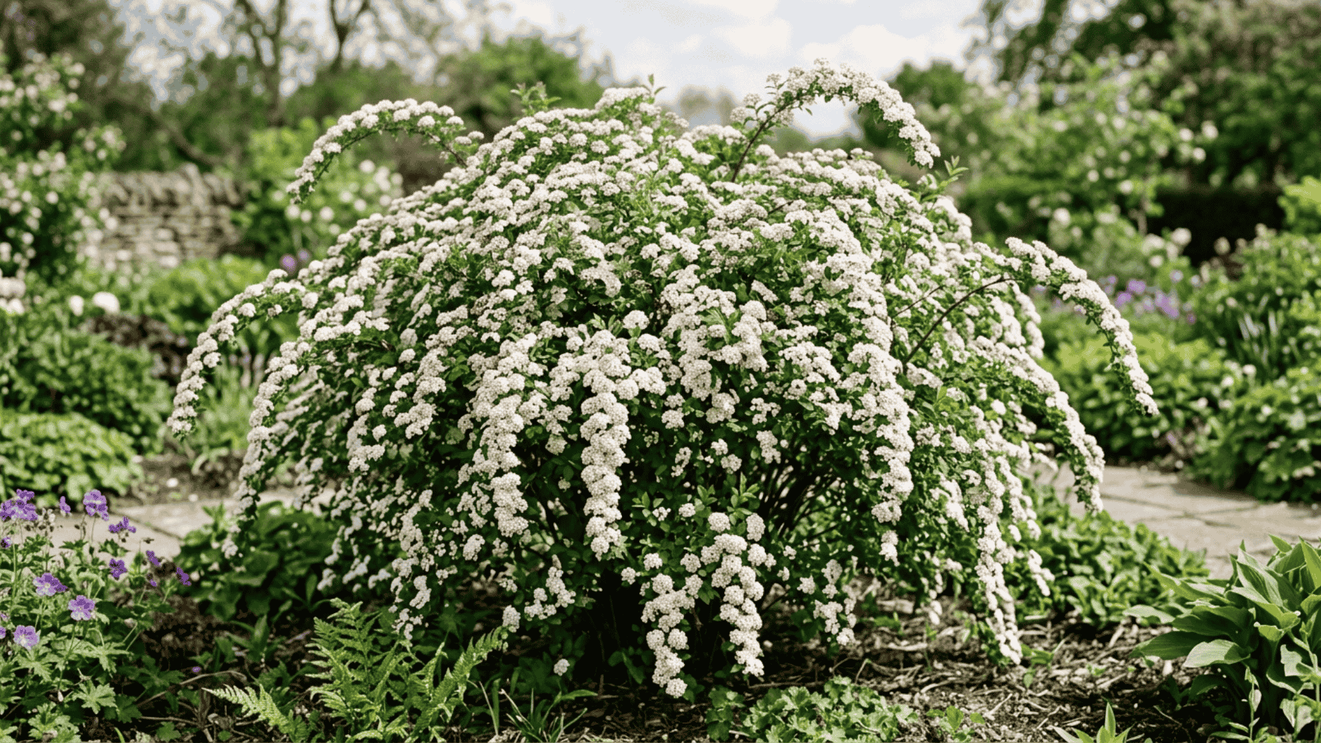 spirea shrub with dense clusters of small white and pink flowers along arching branches in a natural garden setting